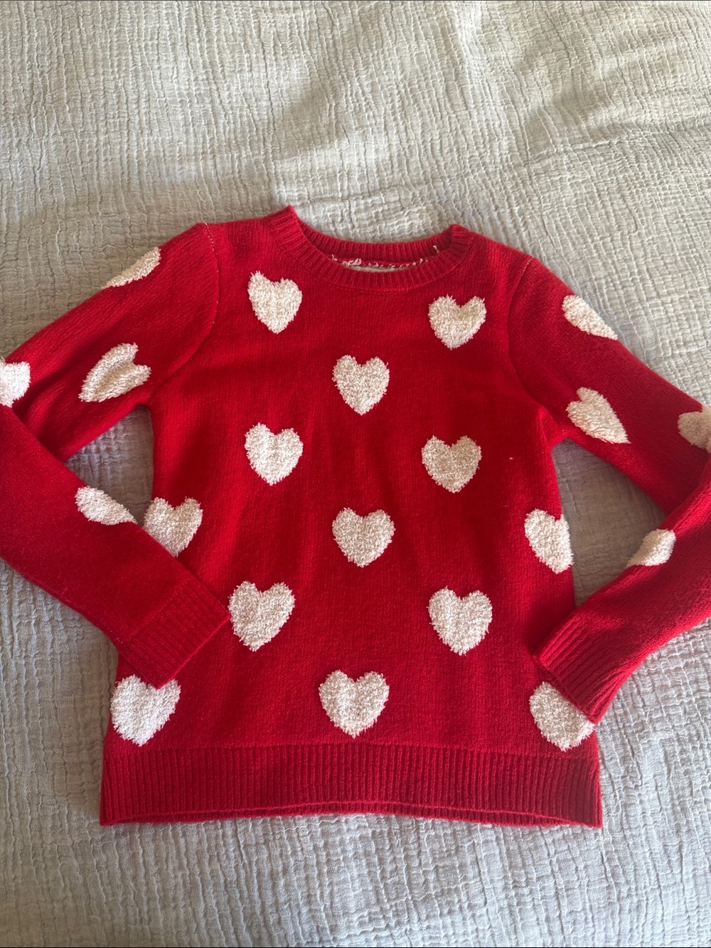 cupcakes & cashmere Red Crewneck Sweater with White Heart Pattern